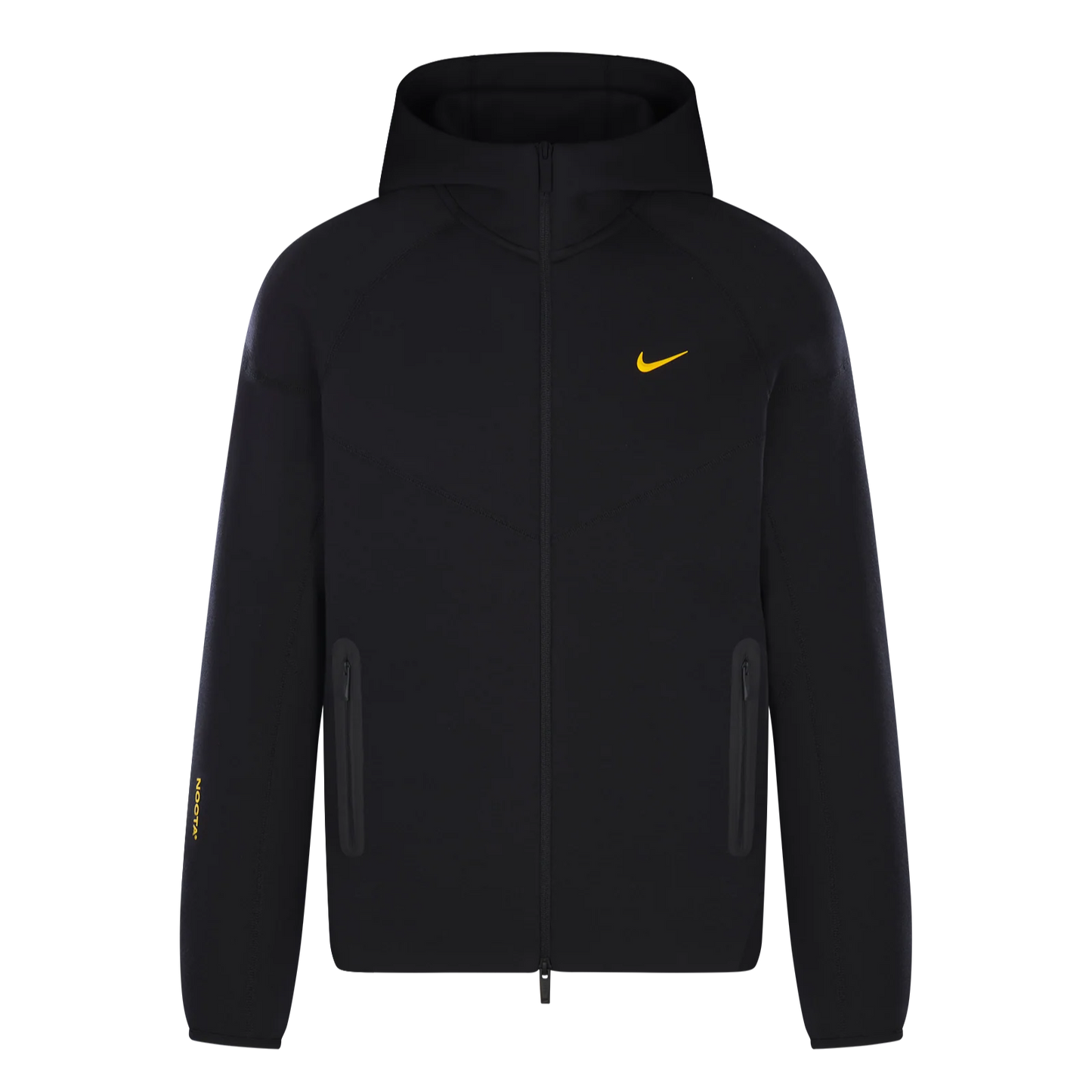 Nike x Nocta Tech Fleece Hoodie Black – premium zip-up hoodie with ergonomic fit, lightweight fleece fabric and yellow Swoosh logo on chest.