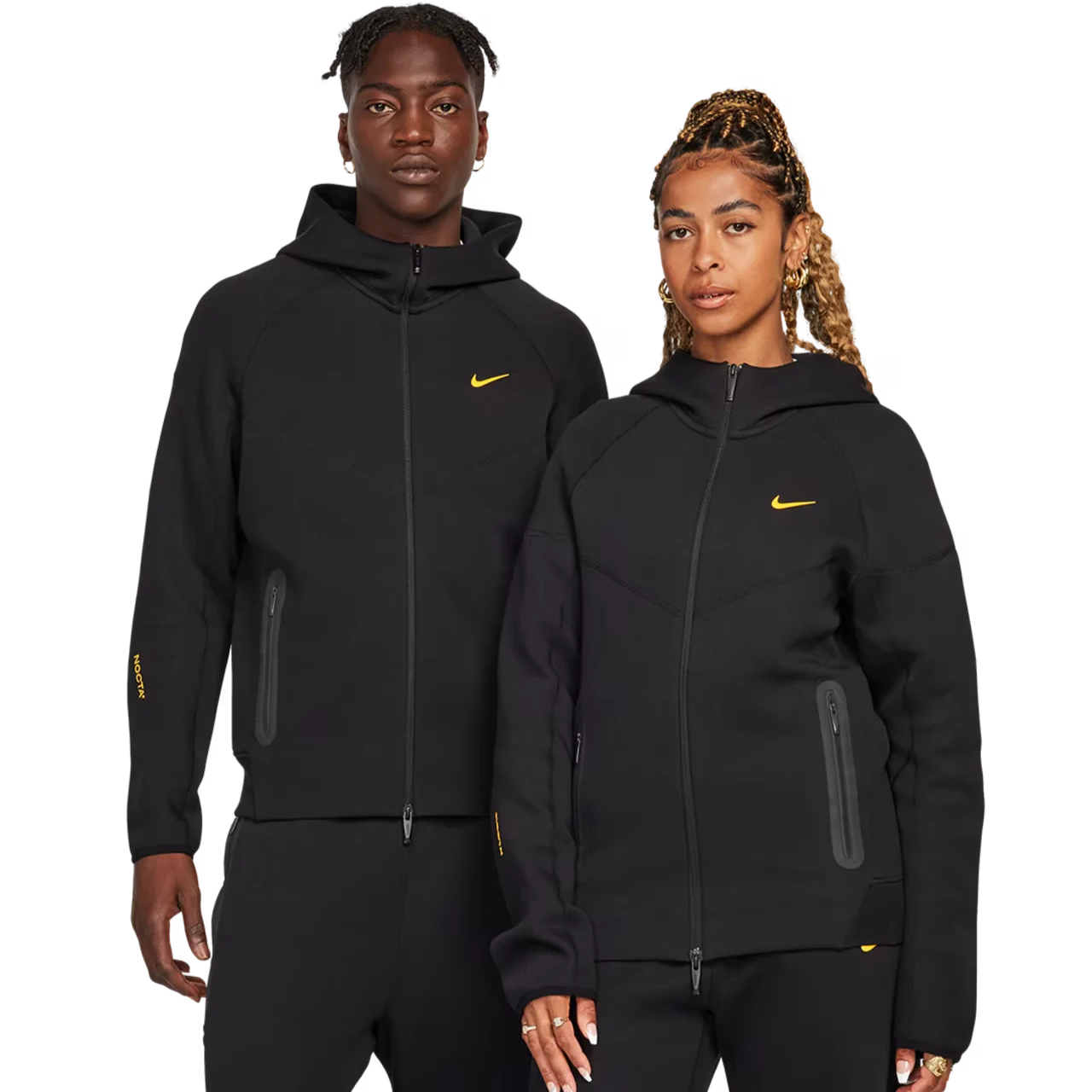 Nike x Nocta Tech Fleece Hoodie Black – men’s and women’s models wearing the full-zip hoodie showcasing unisex fit, modern sportswear style and comfort.