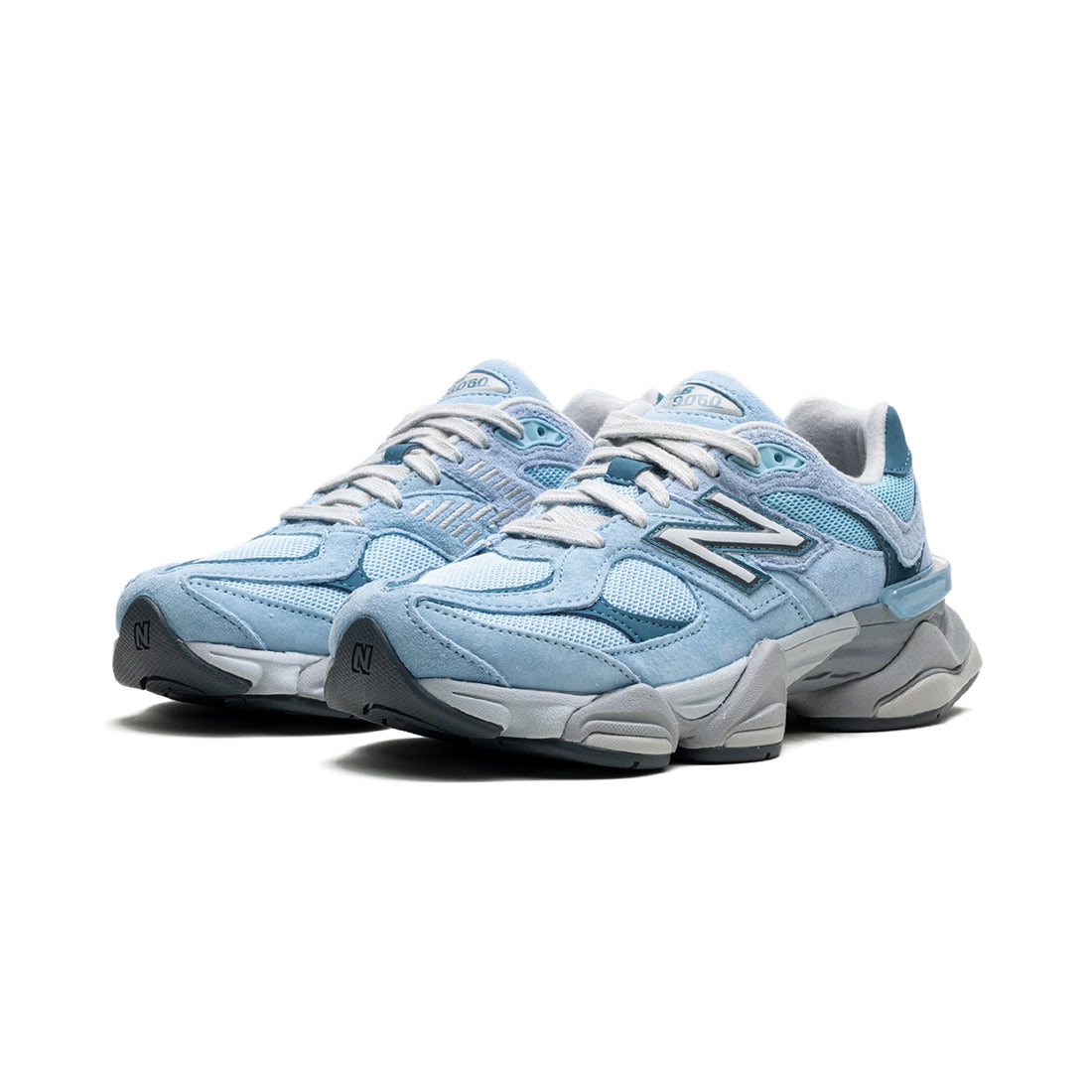 9060 Chrome Blue sneaker featuring breathable mesh upper in grey tones with blue accents, suede overlays, chunky cushioned sole, and modern Y2K-inspired design.
