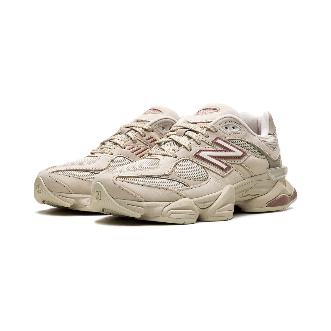9060 Bone Sparrow sneaker featuring breathable mesh upper in beige and brown tones, suede overlays, chunky cushioned sole, and modern Y2K-inspired design.