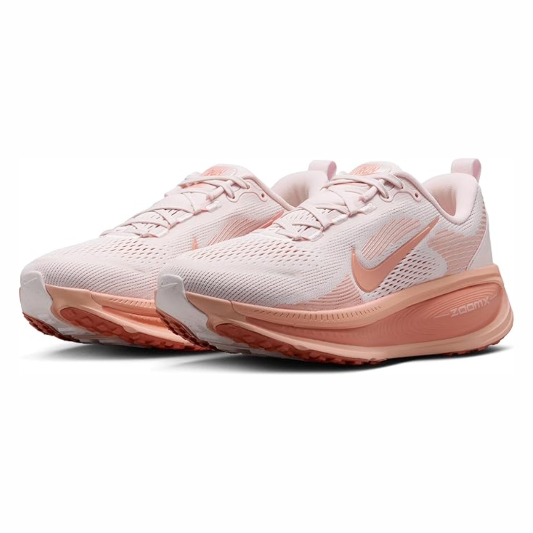 Air Zoom Vomero 18 Light Soft Pink sneaker featuring breathable mesh upper in soft pink tones, thick cushioned sole with ZoomX and ReactX foam, and modern running silhouette.