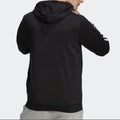 Back view of adidas men’s black full-zip hoodie with white stripe detail and adjustable hood