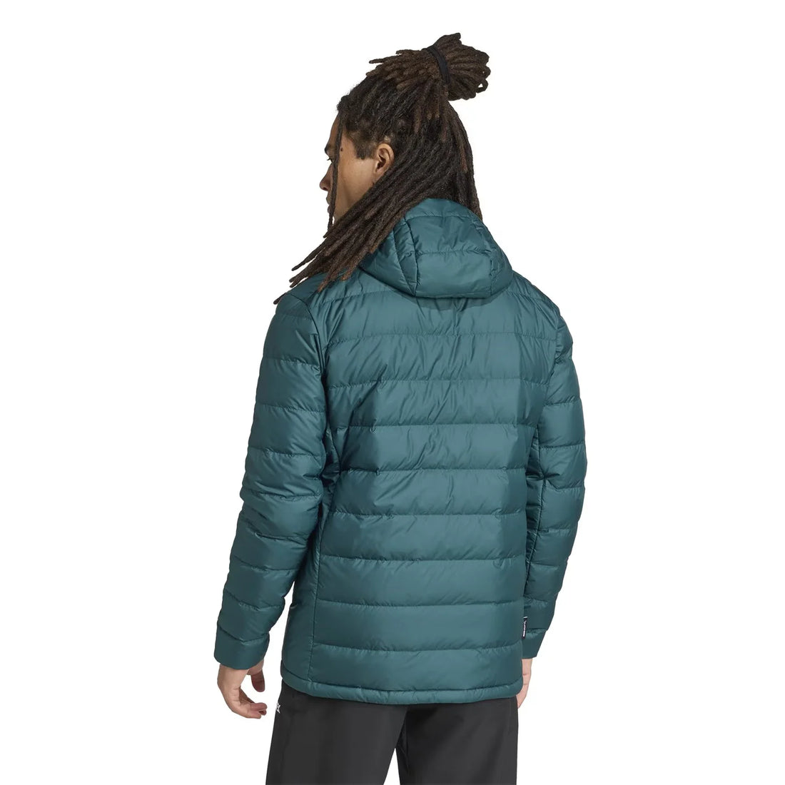 Man wearing an adidas Terrex Multi Light Down CLIMAWARM hooded jacket, front view, zip closed and hood up