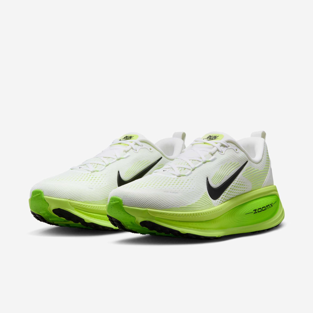Air Zoom Vomero 18 Electric Green sneaker featuring breathable mesh upper in bright green tones, thick cushioned sole with ZoomX and ReactX foam, and modern running design.