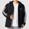 Man wearing black down jacket with hood — h igh-fill insulation, hooded design, and casual style for cold weather protection