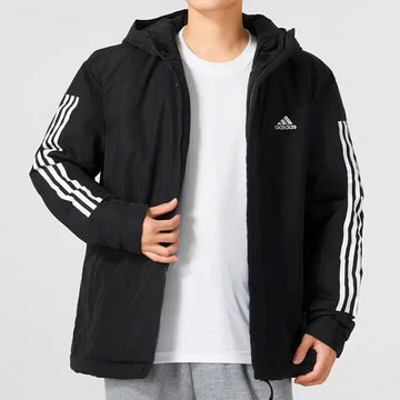 Man wearing black down jacket with hood — h igh-fill insulation, hooded design, and casual style for cold weather protection