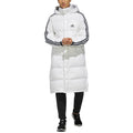 Man wearing a long-length down coat with hood and 3-Stripes branding — premium insulated parka jacket in White for cold weather protection.