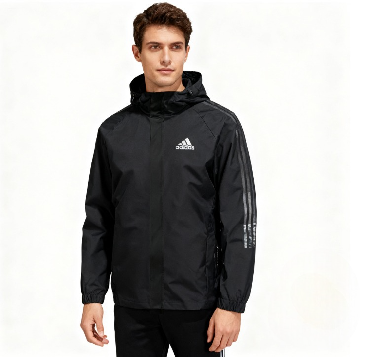 Men wearing navy adidas hooded windbreaker jacket, front view
