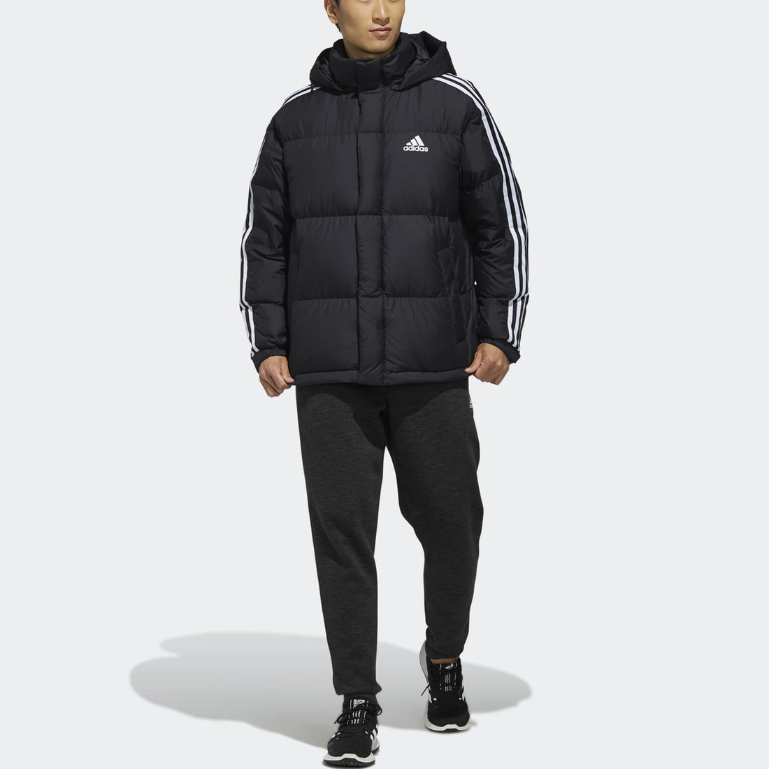 Men’s hooded down jacket black with high-fill insulation and full zip front