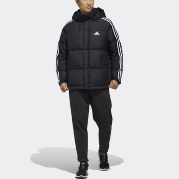Men’s hooded down jacket black with high-fill insulation and full zip front