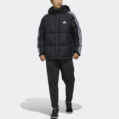 Men’s hooded down jacket black with high-fill insulation and full zip front