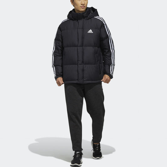 Men’s hooded down jacket black with high-fill insulation and full zip front