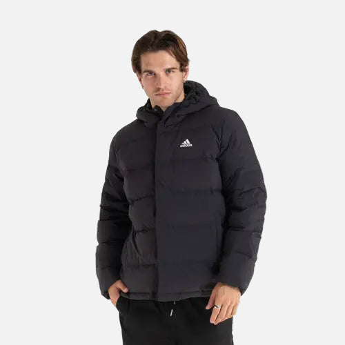 Men’s black Helionic Hooded Down Jacket front view with full zip and hood