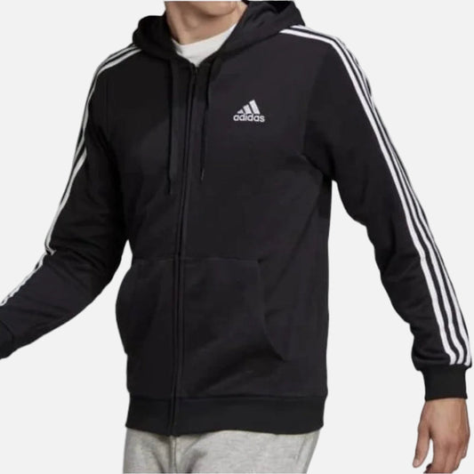 Men’s adidas Essentials 3-Stripes full-zip hoodie black with white stripes, front view