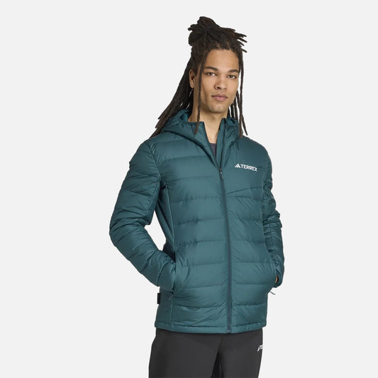 Man wearing an adidas Terrex Multi Light Down CLIMAWARM hooded jacket, front view, zip closed and hood up