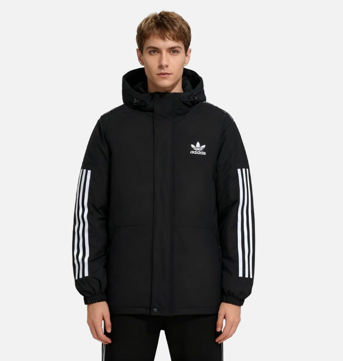 Men’s black winter hooded sports jacket with padded insulation and white sleeve stripes, front view.