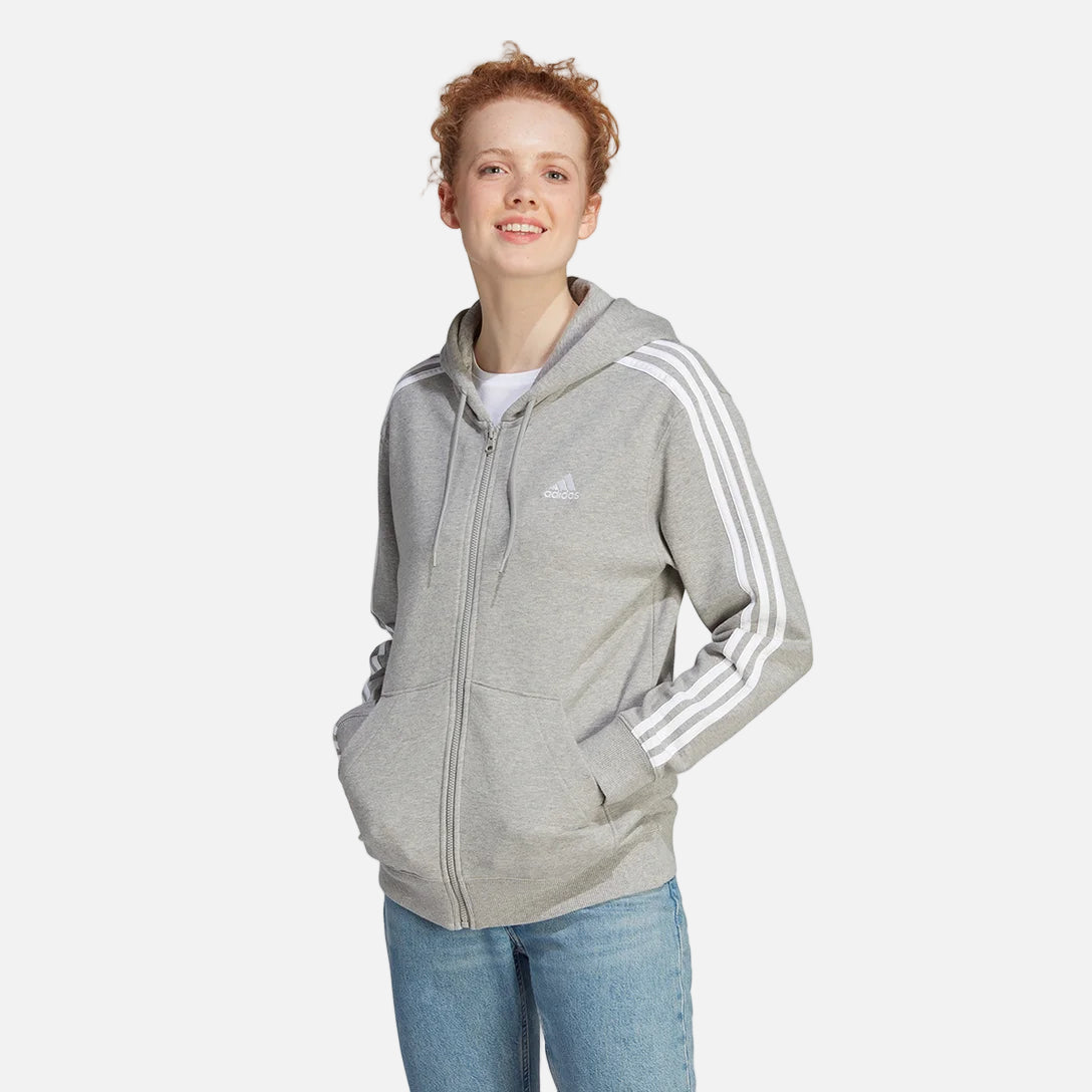 Adidas women’s grey full-zip hoodie with white 3-Stripes, front view