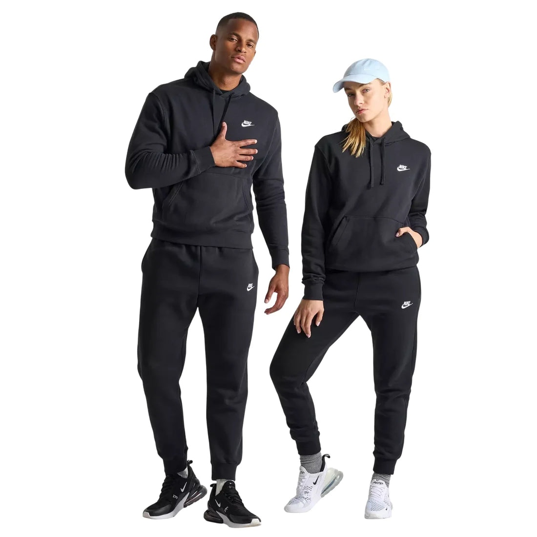 Person wearing Nike Club Fleece Embroidered Hoodie in black — brushed-back fleece pullover with embroidered detail and cozy texture.