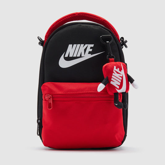 Nike Sportswear Kids Buddies Lunch Tote in black with zip closure and adjustable strap.