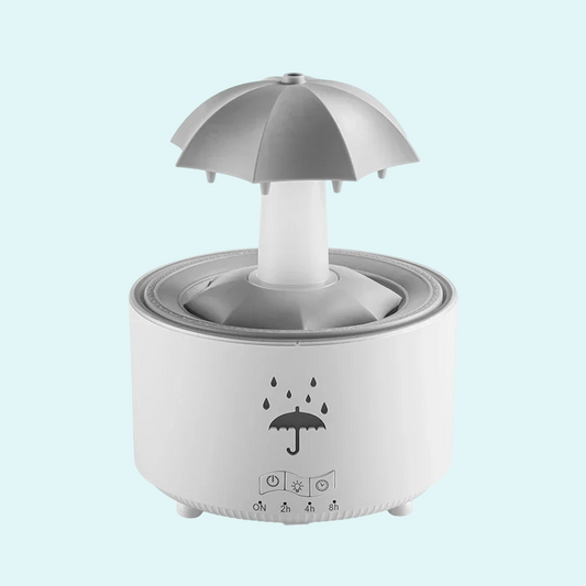 This unique humidifier features a charming umbrella design that creates a soothing rain-like mist. It also doubles as an essential oil diffuser to enhance your atmosphere with pleasant aromas. Equipped with adjustable settings for time and light, it offers a calming effect with soft, colorful lighting. Ideal for home or office use, it helps maintain air moisture levels and provides a relaxing ambiance.