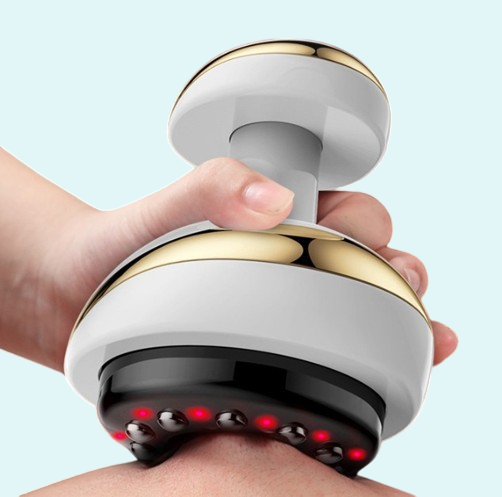Handheld electric anti-cellulite massager with a sleek white and gold design, shown in use on the skin. Features multiple massage nodes and red LED lights for deep tissue stimulation and fat burning. Ergonomic grip allows easy handling for targeted areas like thighs, arms, and abdomen. Designed to reduce cellulite, improve circulation, and tone the skin. Ideal for home use as part of a body sculpting or slimming routine.