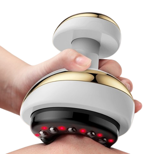 Handheld electric anti-cellulite massager with a sleek white and gold design, shown in use on the skin. Features multiple massage nodes and red LED lights for deep tissue stimulation and fat burning. Ergonomic grip allows easy handling for targeted areas like thighs, arms, and abdomen. Designed to reduce cellulite, improve circulation, and tone the skin. Ideal for home use as part of a body sculpting or slimming routine.