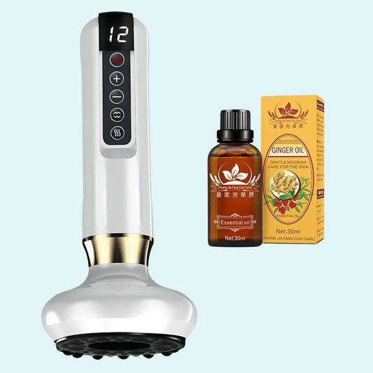 This innovative beauty tool is designed to reduce the appearance of cellulite and promote smoother, firmer skin. The device features a sleek white ergonomic handle with a user-friendly control panel, including a digital display and buttons for adjusting heat and intensity. It combines advanced massage technology with heat therapy, improving blood circulation and skin texture. The package includes a 30ml bottle of Ginger Essential Oil, known for its soothing and nourishing properties, ideal for enhancing the