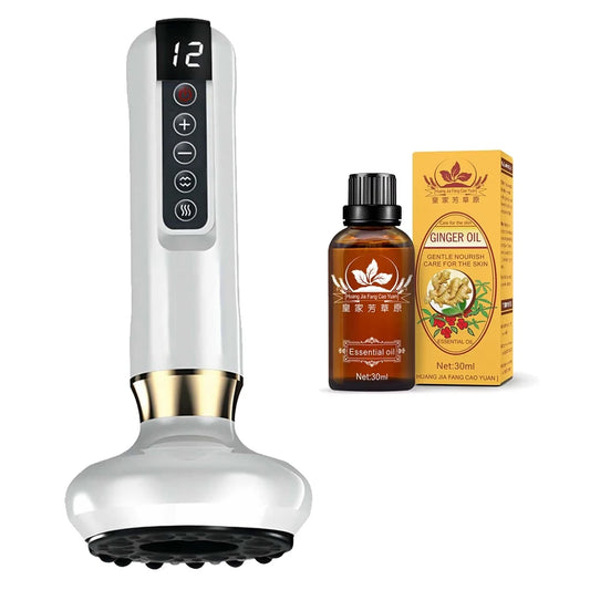 This innovative beauty tool is designed to reduce the appearance of cellulite and promote smoother, firmer skin. The device features a sleek white ergonomic handle with a user-friendly control panel, including a digital display and buttons for adjusting heat and intensity. It combines advanced massage technology with heat therapy, improving blood circulation and skin texture. The package includes a 30ml bottle of Ginger Essential Oil, known for its soothing and nourishing properties, ideal for enhancing the