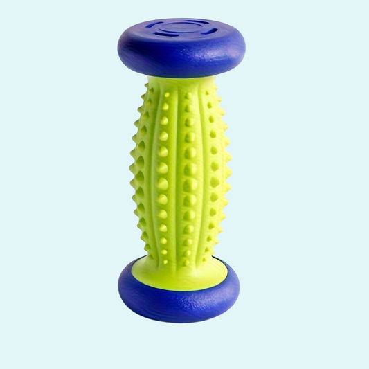 Textured foot roller massager with a spiked green center and two rounded blue ends, designed to stimulate pressure points and relieve foot pain. Made of durable, non-slip rubber material for safe use on various surfaces. Ideal for plantar fasciitis, heel pain, arch support, and stress relief. Compact and portable, suitable for home, office, or travel use. Helps improve blood circulation and reduce foot fatigue through targeted massage.