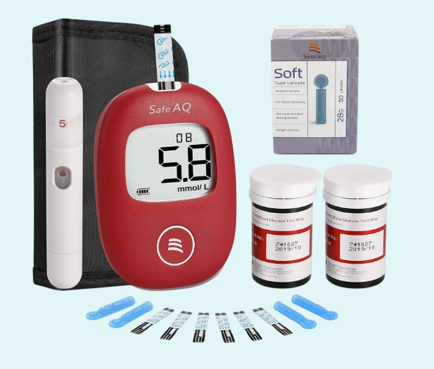 This comprehensive glucose monitoring kit includes everything you need for accurate blood sugar testing at home. The red-colored glucose meter features a large digital display for easy readings in mmol/L, providing quick and reliable results. The kit includes a lancing device for gentle blood sample collection, a protective carry case, and two containers of glucose test strips, each containing 50 strips for repeated use. Additionally, it comes with 28 soft twist lancets, ensuring a comfortable and precise b