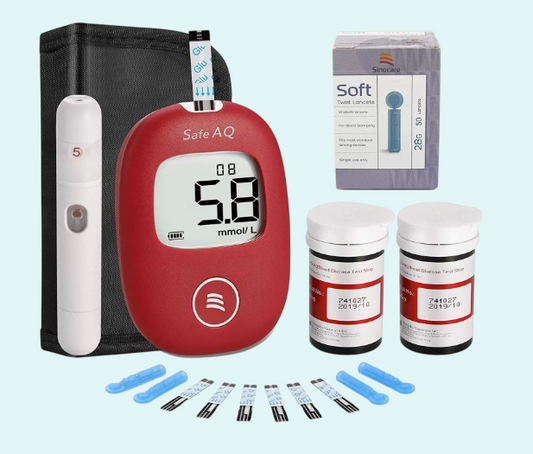 This comprehensive glucose monitoring kit includes everything you need for accurate blood sugar testing at home. The red-colored glucose meter features a large digital display for easy readings in mmol/L, providing quick and reliable results. The kit includes a lancing device for gentle blood sample collection, a protective carry case, and two containers of glucose test strips, each containing 50 strips for repeated use. Additionally, it comes with 28 soft twist lancets, ensuring a comfortable and precise b