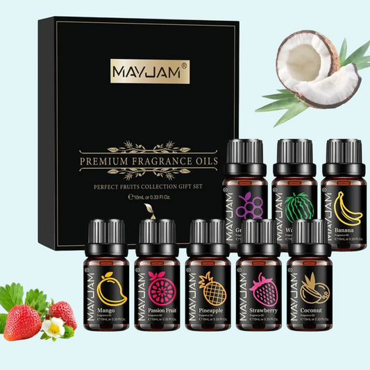 This luxurious set includes 10 different fruit-scented essential oils, perfect for enhancing your space with delightful fragrances. Each 10ml bottle is designed for use in aroma diffusers, offering a variety of scents including Mango, Passion Fruit, Pineapple, Coconut, Strawberry, and more. Ideal for creating a refreshing and inviting atmosphere in your home, office, or yoga space.