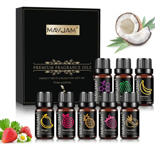 This luxurious set includes 10 different fruit-scented essential oils, perfect for enhancing your space with delightful fragrances. Each 10ml bottle is designed for use in aroma diffusers, offering a variety of scents including Mango, Passion Fruit, Pineapple, Coconut, Strawberry, and more. Ideal for creating a refreshing and inviting atmosphere in your home, office, or yoga space.