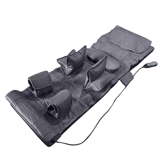 This full-body massage mat features multiple air pressure pads designed to target key areas such as the neck, back, waist, and legs. Equipped with a remote control, it allows users to customize their massage experience with adjustable settings. The mat provides a relaxing, soothing massage to relieve stress, tension, and muscle soreness. Ideal for home use, it offers a convenient, therapeutic experience. Compact and easy to store, perfect for daily relaxation.