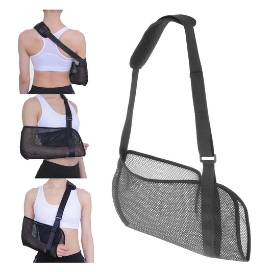This breathable mesh arm sling provides comfortable support for injured or recovering arms. The adjustable strap ensures a secure fit, while the soft material helps reduce discomfort during extended wear. Perfect for use after surgery or in case of fractures, it helps immobilize the arm while promoting healing.
