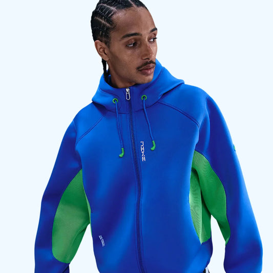 Nike Project F.R.O.G. Men’s Full-Zip Hoodie in blue with green mesh panels, oversized fit and technical streetwear design.