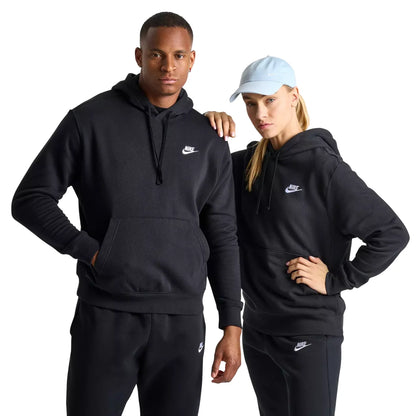 Person wearing Nike Club Fleece Embroidered Hoodie in black — brushed-back fleece pullover with embroidered detail and cozy texture.