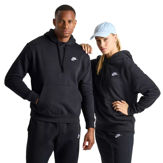 Person wearing Nike Club Fleece Embroidered Hoodie in black — brushed-back fleece pullover with embroidered detail and cozy texture.