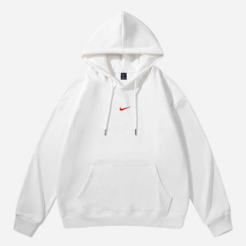 Unisex oversized white fleece hoodie — minimalist pullover design with adjustable hood and cozy brushed interior.