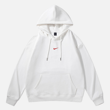 Unisex oversized white fleece hoodie — minimalist pullover design with adjustable hood and cozy brushed interior.