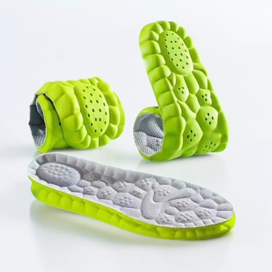 These green orthopedic sports insoles are designed for maximum comfort and support during physical activities. With a cushioned, textured surface, they help absorb shock and reduce foot fatigue. The breathable, perforated design ensures ventilation, keeping your feet dry. Ideal for athletes or anyone with an active lifestyle, these insoles improve stability and alignment. Perfect for various types of footwear, enhancing comfort and performance.