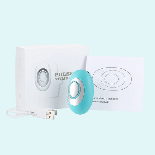 Woman peacefully sleeping on a white bed while holding a small, blue portable sleep aid device in her hand. The device is designed to promote relaxation and support deep, restful sleep. She wears a white tank top and appears calm and comfortable. Ideal for reducing stress, anxiety, and improving sleep quality. Perfect for use at home or while traveling.