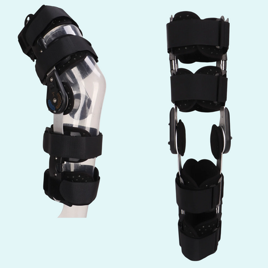 Post-operative hinged knee brace with adjustable metal side supports.
Black padding with four wide Velcro straps for secure leg stabilization.
Dial hinge allows controlled range of motion during recovery.
Brace shown on a transparent leg model from side and front angles.
Ideal for ligament injuries, surgeries, and post-op rehabilitation.