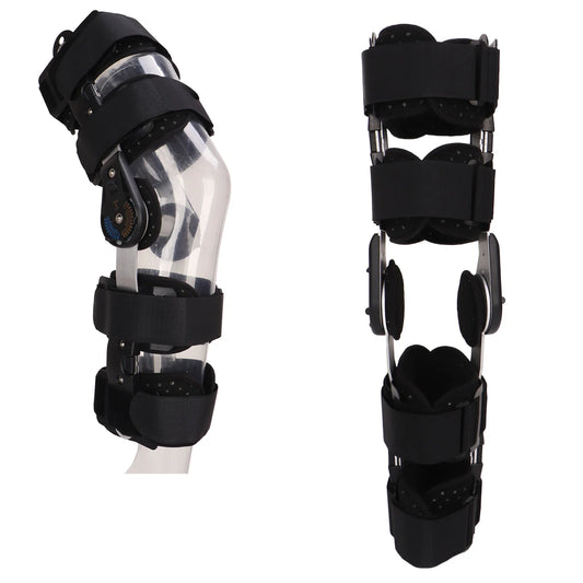 Post-operative hinged knee brace with adjustable metal side supports.
Black padding with four wide Velcro straps for secure leg stabilization.
Dial hinge allows controlled range of motion during recovery.
Brace shown on a transparent leg model from side and front angles.
Ideal for ligament injuries, surgeries, and post-op rehabilitation.
