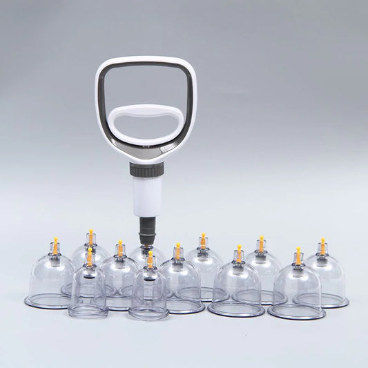This cupping therapy set features a hand-operated pump and 12 suction cups of various sizes, designed to provide effective relief from muscle pain, tension, and inflammation. The ergonomic design allows for easy and controlled suction, while the clear cups allow for visibility during use. Ideal for therapeutic massage and promoting circulation, it’s perfect for both professional and home use.
