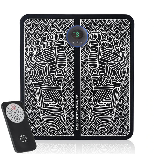 This RF foot massager is designed to provide lasting relief from foot pain, utilizing EMS technology to stimulate and massage the feet. The mat features a unique design with foot contours to target key pressure points, helping to reduce tension and improve circulation. Equipped with adjustable settings, it offers customizable intensity for a personalized experience. It also comes with a remote control for easy operation. Ideal for individuals seeking relaxation after long hours of standing or walking.