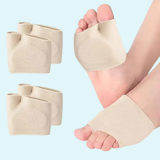 These beige metatarsal pads provide cushioning and support to relieve foot pain, especially for those with metatarsalgia. Made from soft, breathable fabric, they reduce pressure on the balls of the feet. The open-toe design ensures comfort in most shoes. Ideal for daily use, they improve foot alignment and comfort. Sold in sets of four.