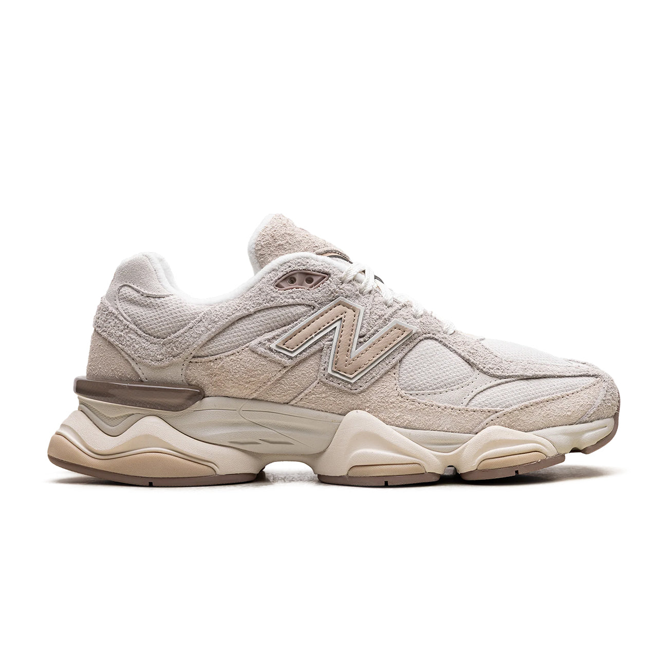 9060 Bisque Sea Salt sneaker featuring breathable mesh upper in beige and off-white tones, suede overlays, chunky cushioned sole, and modern Y2K-inspired design.