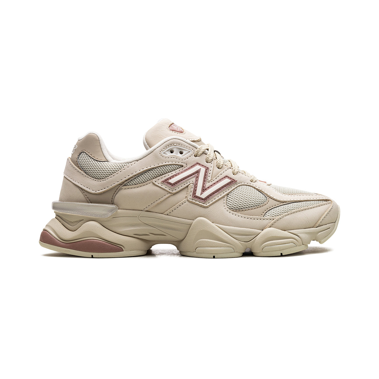 9060 Bone Sparrow sneaker featuring breathable mesh upper in beige and brown tones, suede overlays, chunky cushioned sole, and modern Y2K-inspired design.