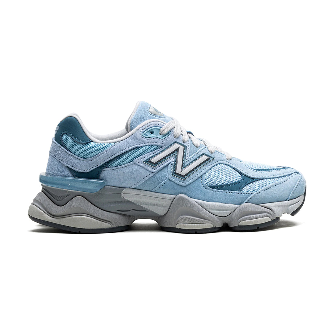 9060 Chrome Blue sneaker featuring breathable mesh upper in grey tones with blue accents, suede overlays, chunky cushioned sole, and modern Y2K-inspired design.